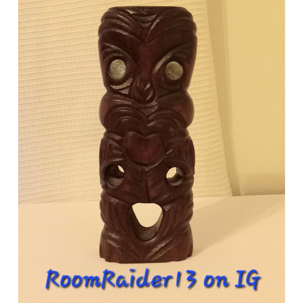 TIKI WOOD CARVING New Zealand Style VINTAGE HAND CARVED Rotorua Abalone Eyes
